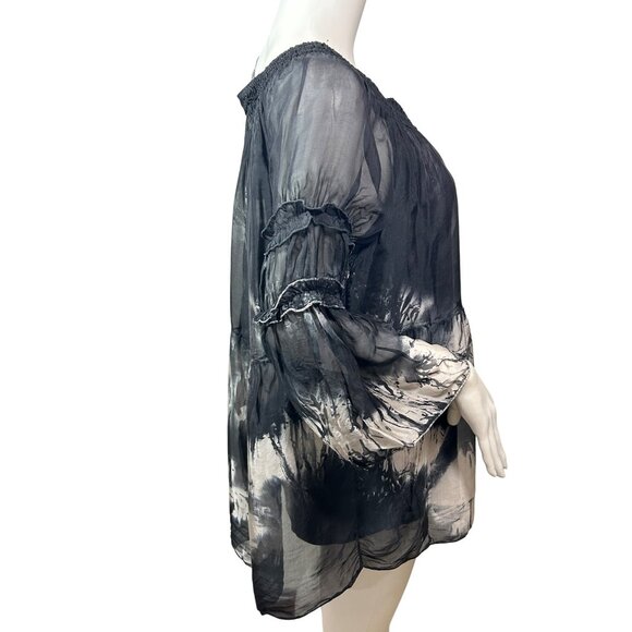 Tempo Paris Top M/L Black White Tie Dyed Long Sleeve Silk Italy Bell Sleeves - Picture 3 of 14